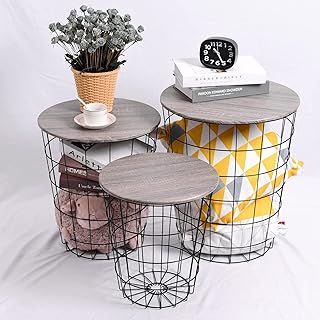 Lantaly Nesting Retro Wire Coffee Tables Stacking Storage Convertible Round Metal Basket Nesting Accent Side End Tables with Storage for Living Room Bedroom Home and Office (Grey, Set of 3)