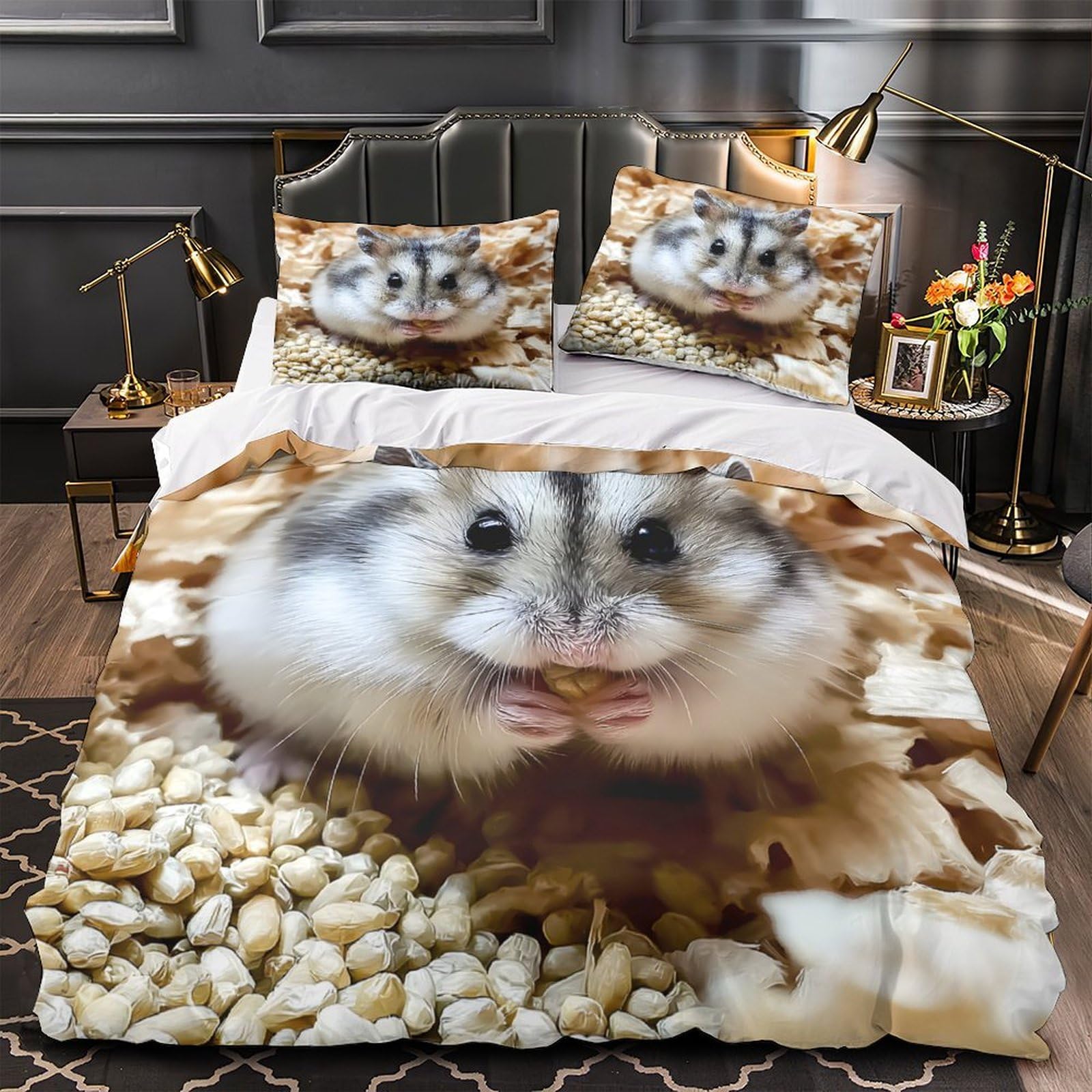 Housse de couette douce entretien facile motif hamster 3 pièces lit double 3D