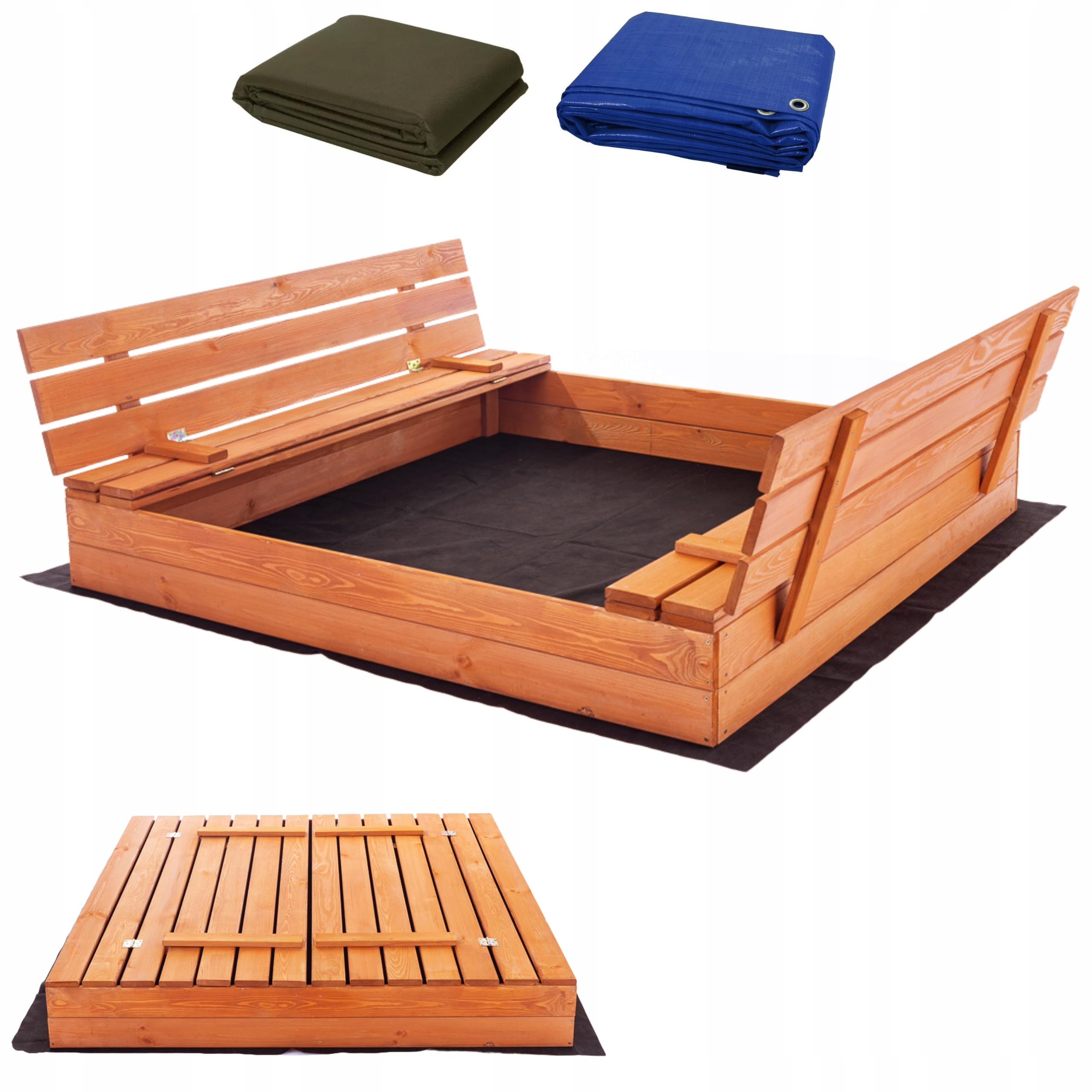 Premium Sandkasten 140x140 cm Imprägniert inkl. Video Anleitung für Montage Sandbox mit Abdeckung Sitzbänken Deckel Plane Sandkiste, Holz Sandkastenvlies XXL