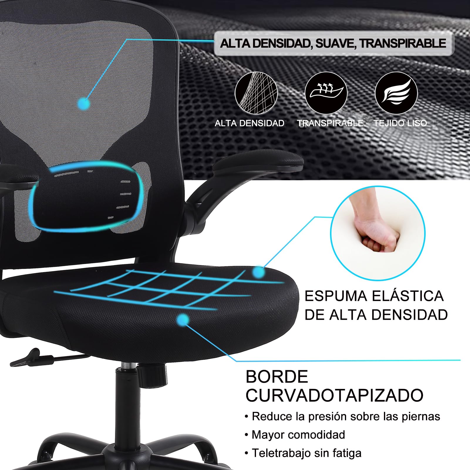 Youhauchair Silla Oficina con Reposabrazos Abatibles, Negra | Silla Ergonomica Escritorio de Malla Transpirable, Reposabrazos Abatibles, Soporte Lumbar, Capacidad máxima 150KG
