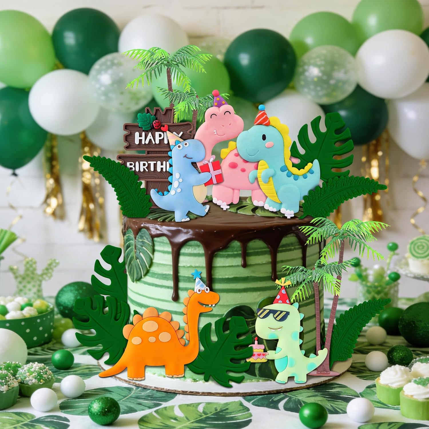 Dinosaur Cake Toppers, Non-Edible Cake Toppers with Happy Birthday Sign, Palm Trees and Tropical Leaves (pink)