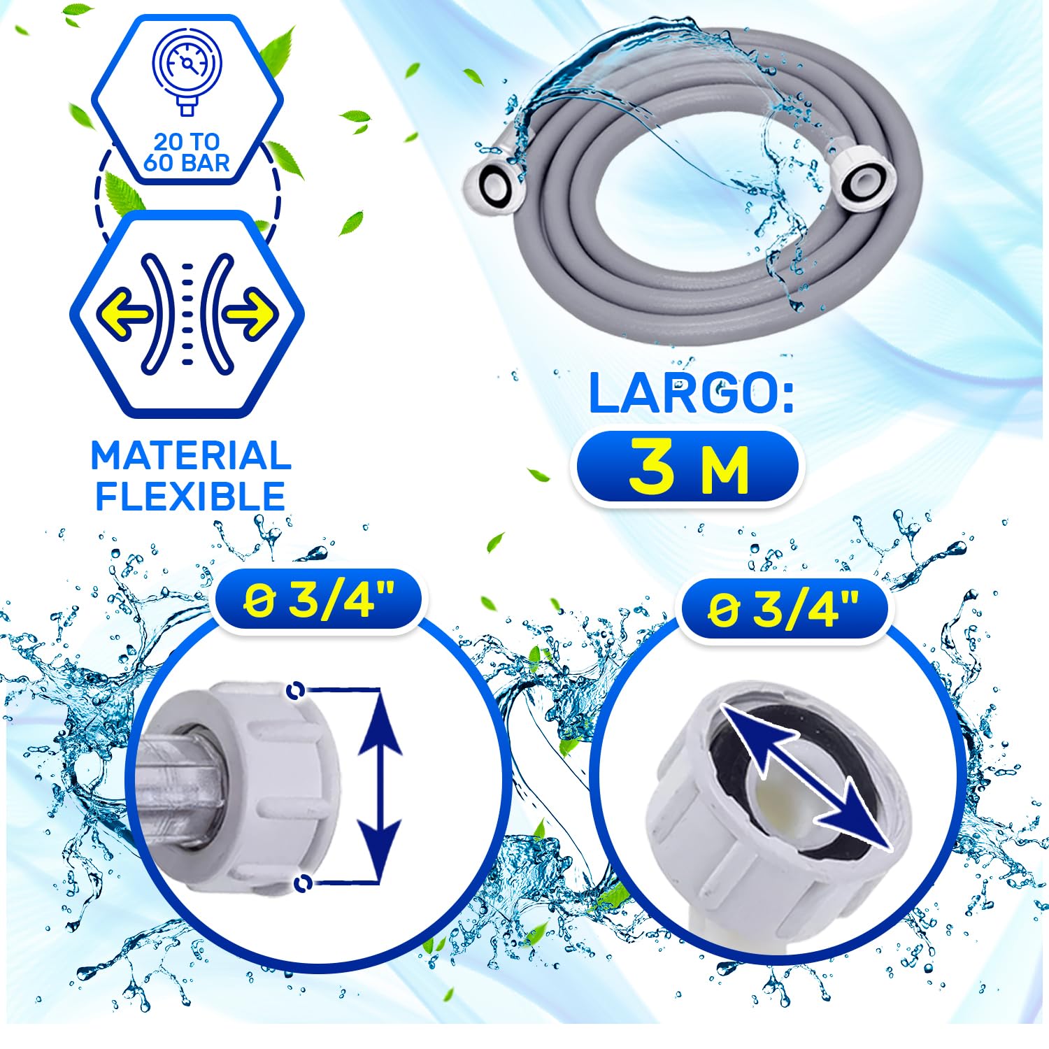 Manguera Lavadora y Lavavajillas 3 m para Entrada Agua para Temperaturas de hasta 25°C Presión de 20 a 60 Bar Conexión Recta y Ángulo Ø 3/4" - MADE IN ITALY - MONTERAL — view 3