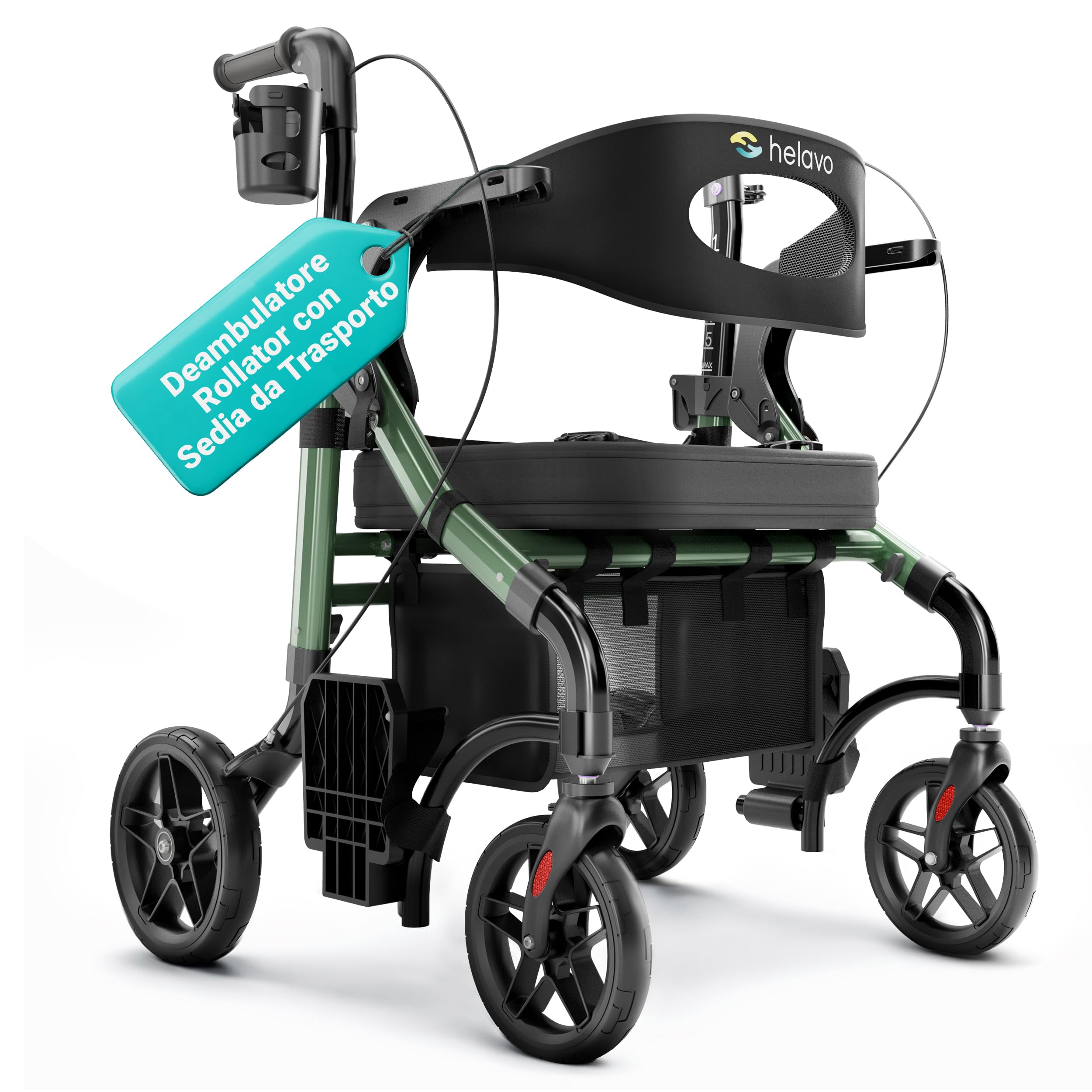 Helavo Deambulatore 2 in 1 e Sedia a Rotelle con Ruote All-Terrain – Deambulatore Sedia a Rotelle Pieghevole e Leggero, Regolabile in Altezza, Portata fino a 136 kg