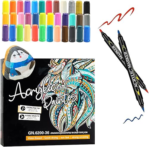 12 bolígrafos de pintura acrílica de doble punta con punta de pincel y marcador de pintura de punta fina, impermeable, para pintura de roca, lienzo,