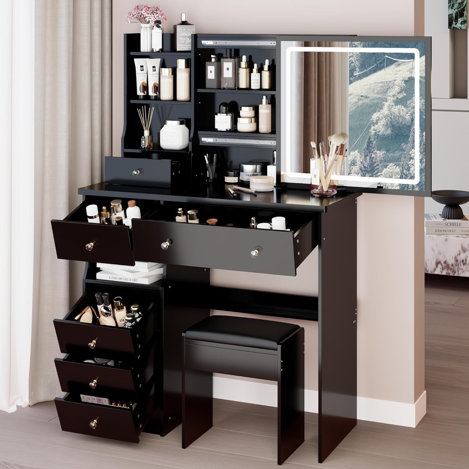 37" Vanity Desk with Mirror and Lights, Makeup Table with Led Lights and Sliding Mirror, 3 Lighting Colors, Vanity Set with 6 Drawers and Stool for Bedroom, Black