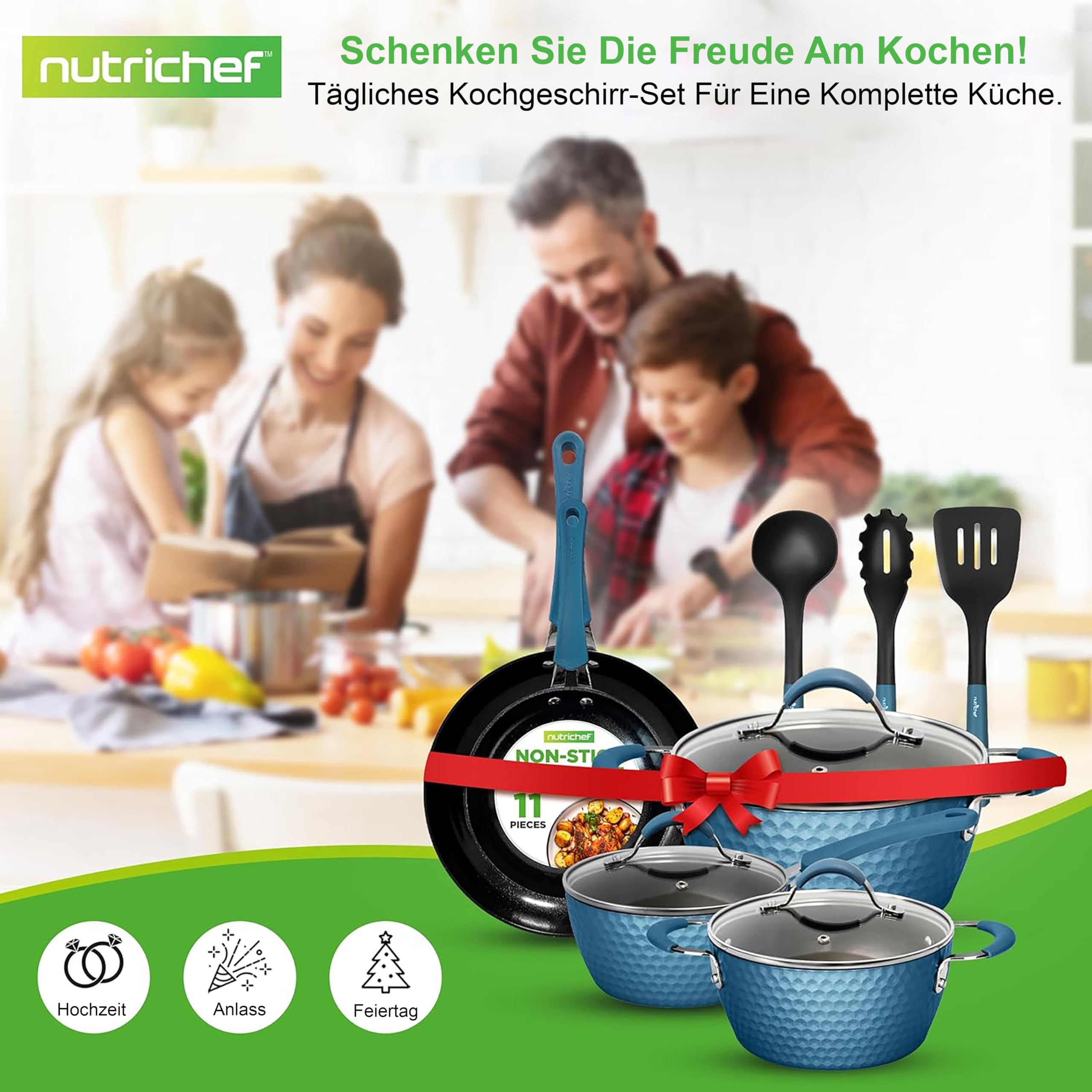 NutriChef Töpfe & Pfannen, 11 Teiliges- Topf und Pfannenset, Inkl. Küchenlöffel, Keramik Antihaftbeschichtet, Für alle Herdarten inkl. Induktion, Ideal für Familien & Single-Haushalte