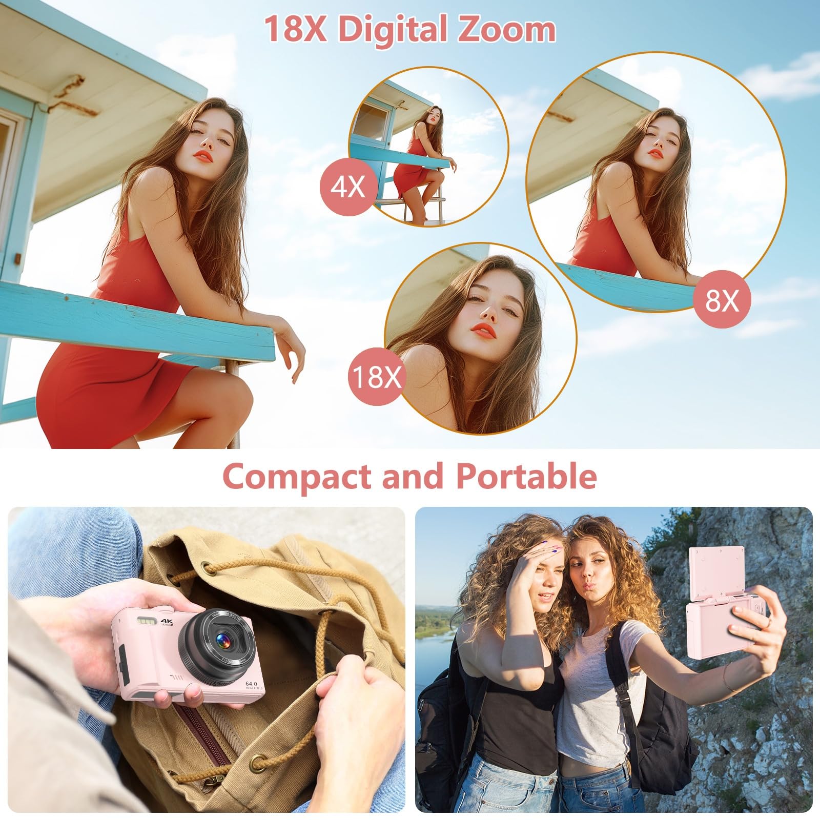 4K Digitalkamera 64MP Kompaktkamera Fotokamera mit Flip Screen Autofokus Vlogging Fotoapparat für einsteiger, 16X Digitalzoom, mit 32GB Karte, 2 Batterien,pink
