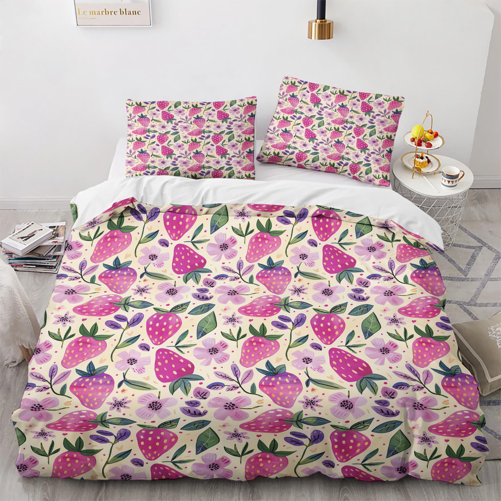 Housse de couette 160x200 fraise en polycoton douce et lavable