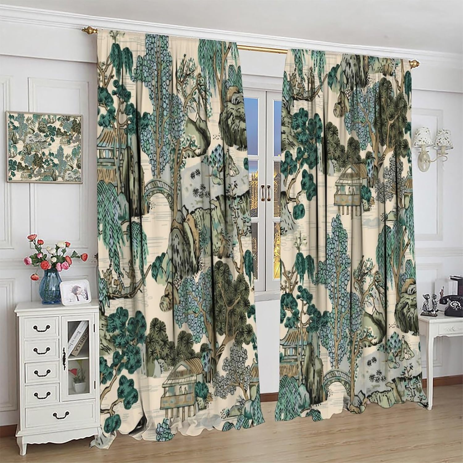 Asia Japan Chinoiserie Blackout Curtains, Mountain Landscape Oriental Art Traditional Japanese Ink Painting Landscape Window Drapes, for Living Room Bedroom 84" W X 84" L