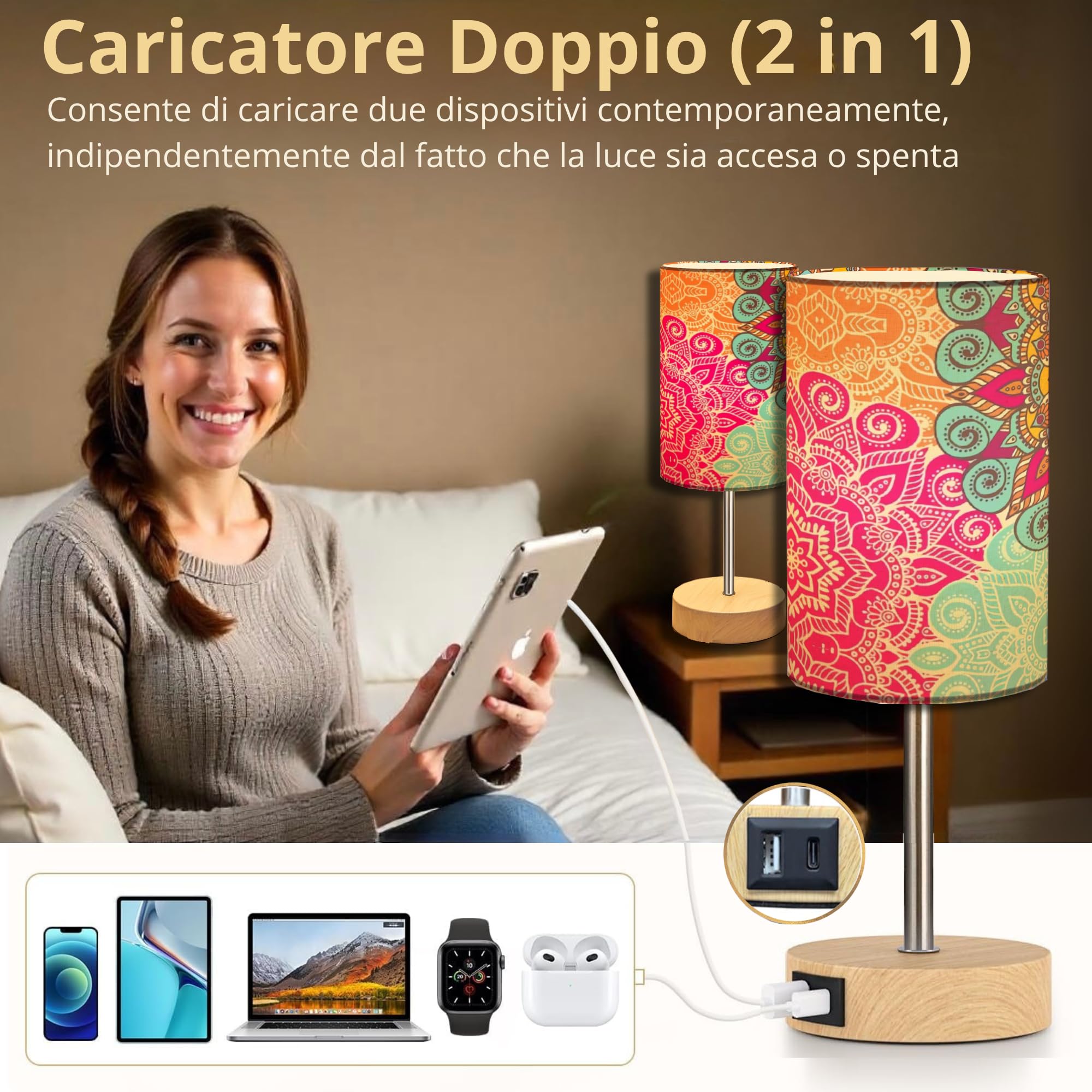 Set 2 Lampade da Comodino Touch LED con Porta USB, Abat Jour Moderne Dimmerabili 3 Livelli, Lampade Camera da Letto o Salotto, Lampadine Incluse, Regalo Premium Design (2 pezzi Bohémien)