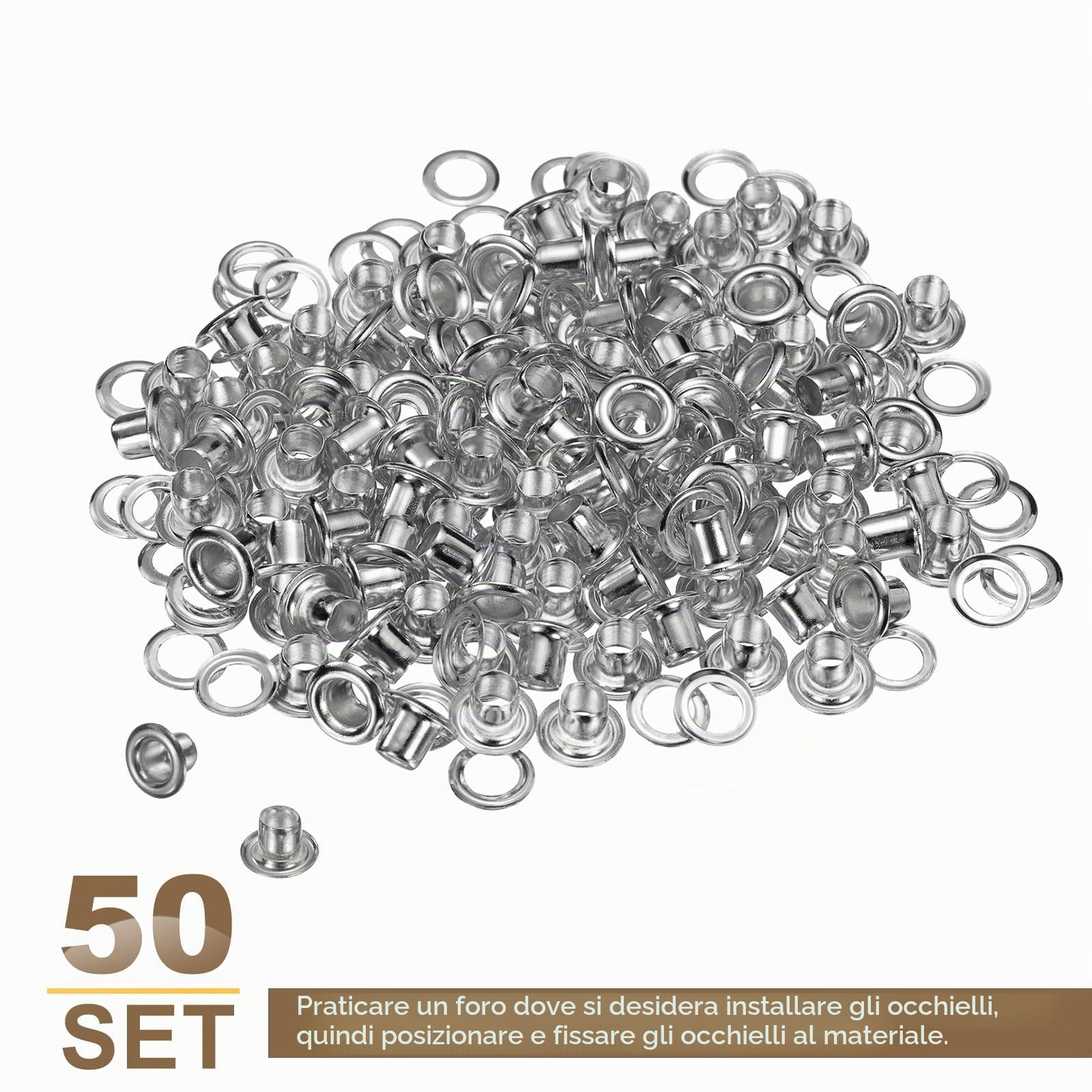 QUARKZMAN 50Set Occhielli per Teloni 3mm 1/8" Occhiello Strumento Metallici in Ottone con Rondelle per Tende in Tessuti Cinture in Pelle Scarpe Borse Fai Da Te, Argento