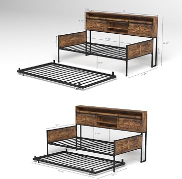 Daybed with Trundle, Farmhouse Sofa Bed Frame with Charging Station and LED Lights, Height Adjustable Twin Daybed with Storage Headboard, for Living Room, Bedroom and Guest Room, Brown