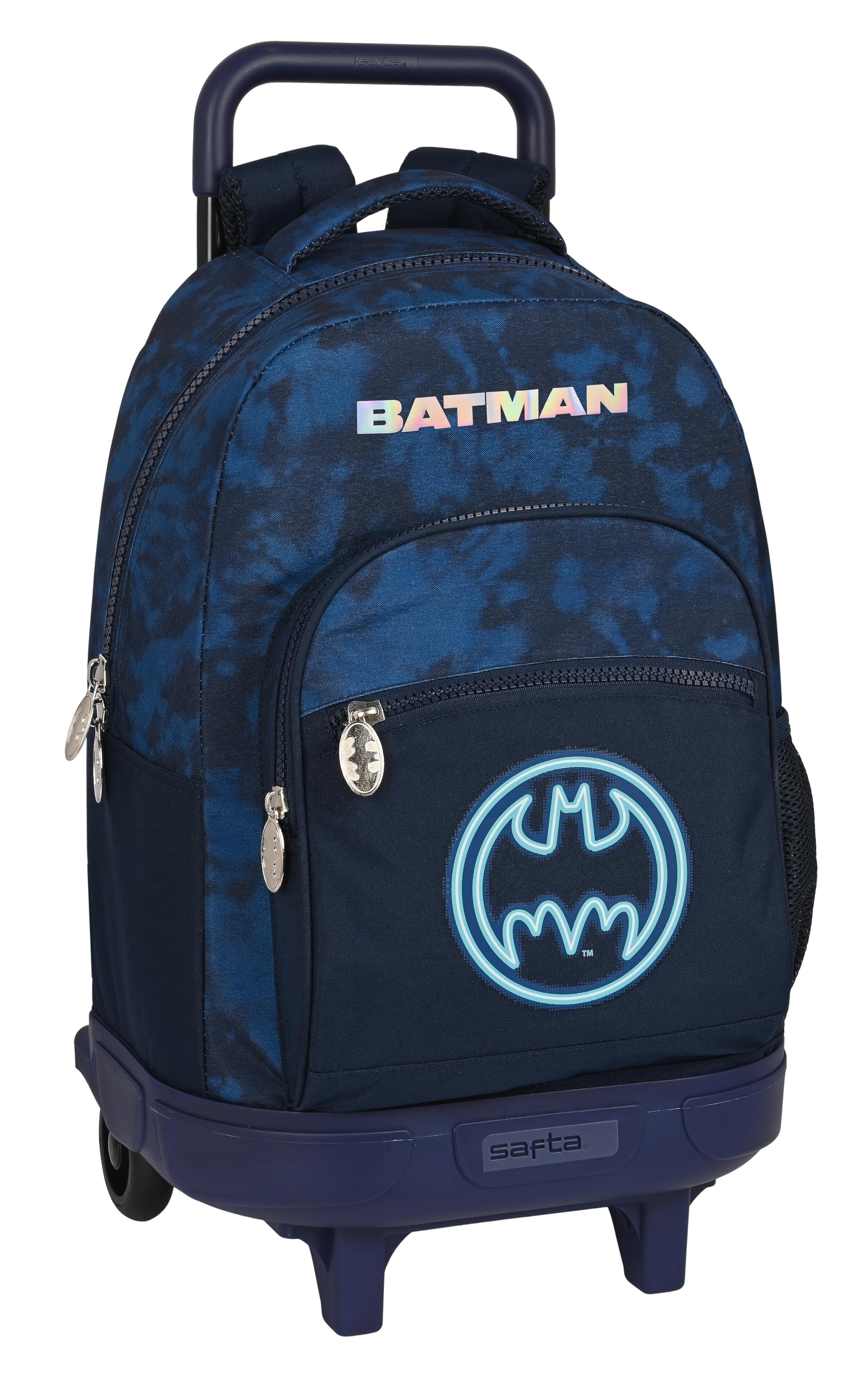 Safta BATMAN LEGENDARY - Mochila Grande con Ruedas, Compacta, Extraíble, Ideal para Niños de Diferentes Edades, Cómoda y Versátil, Calidad y Resistencia, 33x22x45 cm, Color Azul Marino