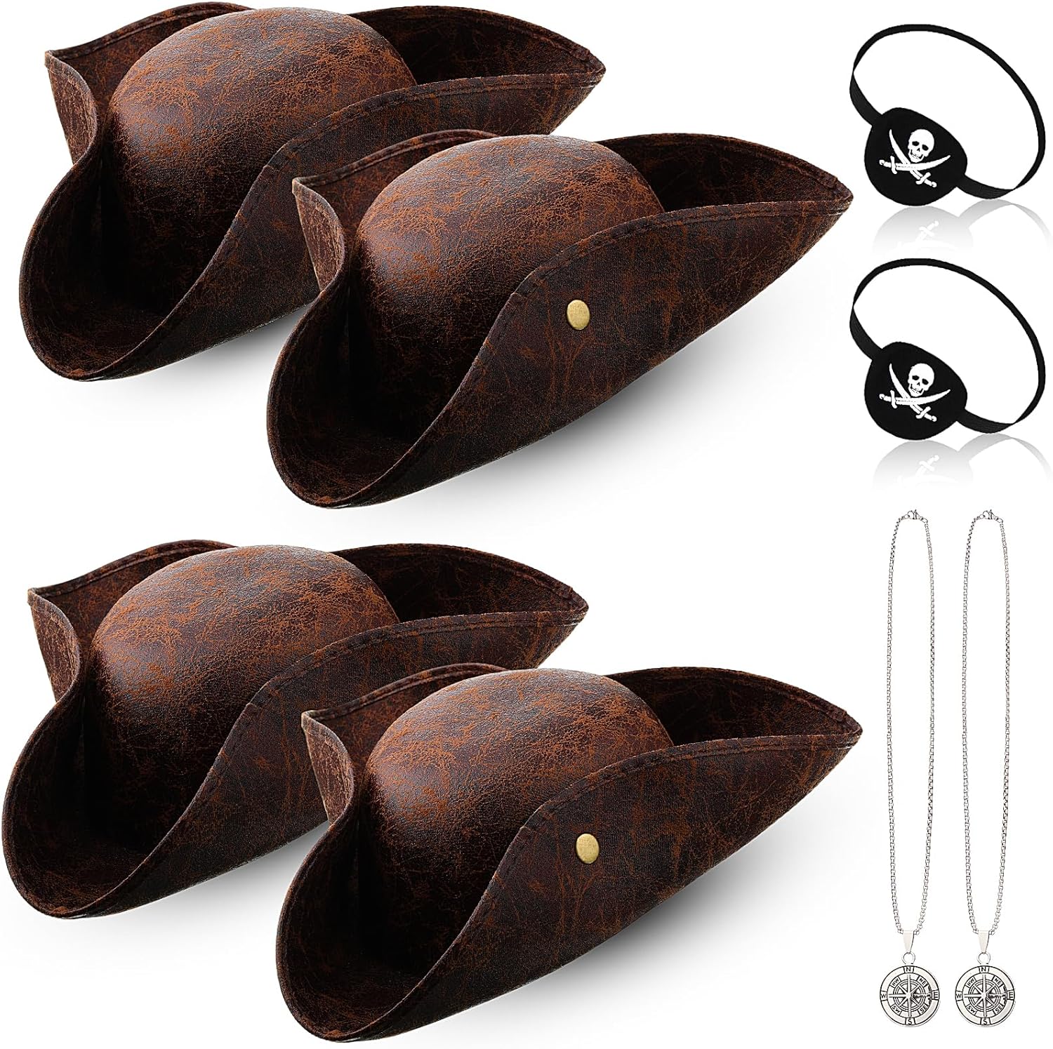 Chicingyou Pirate Hat Pirate Costume Accessories Leather Tricorn Hat Necklace Eye Patch Mardi Gras Party Men Women Distressed