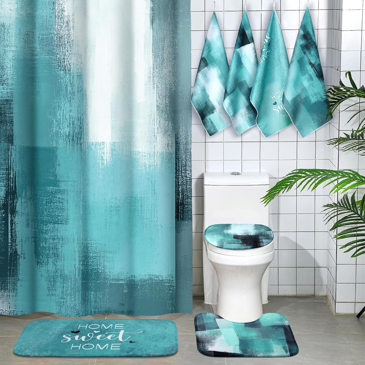 Honoson 8 Pcs Turquoise Abstract Painting Bathroom Sets Green Shower Curtain with Rugs and Kitchen Towels Farmhouse Shower Curtain Bathroom Set for Farmhouse Country Summer Housewarming Gifts Decor
