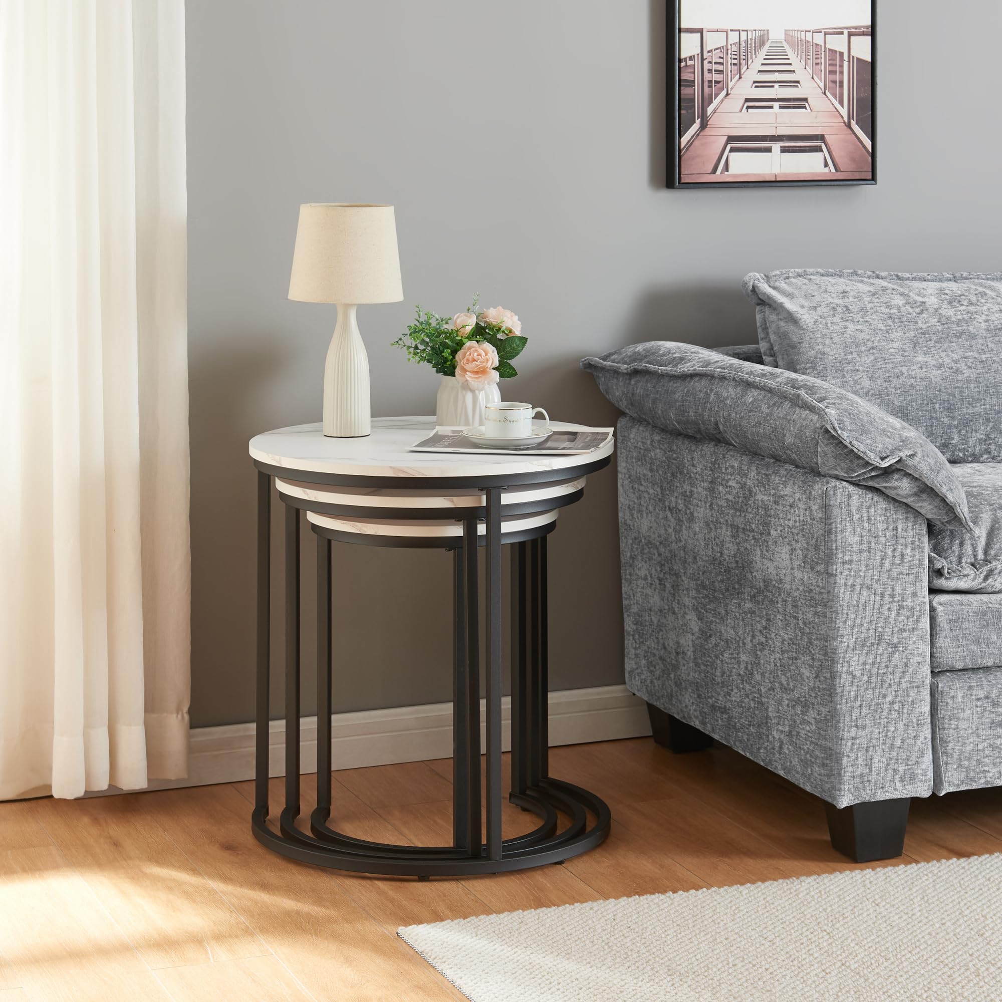 [en.casa] Beistelltisch 3er Set Ulricehamn Satztisch Metallgestell ineinander verschiebbar Wohnzimmertische im Set rund Sofatisch Marmoroptik Weiß