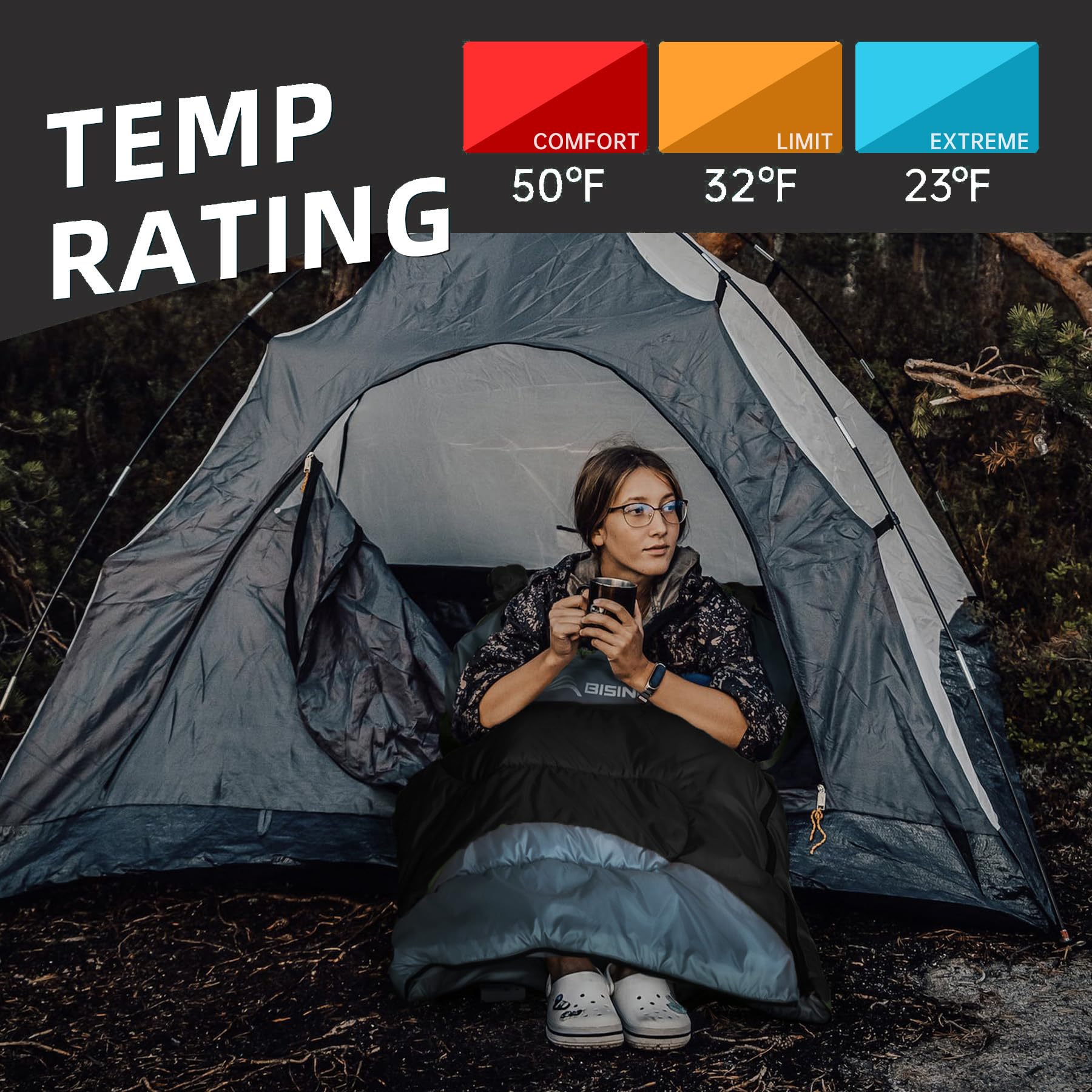 BISINNA Saco de dormir de invierno de 0 grados (480 g/m²) para adultos, saco de dormir para clima frío, saco de dormir cómodo, cálido y portátil con bolsa de compresión de almohada para mochileros,