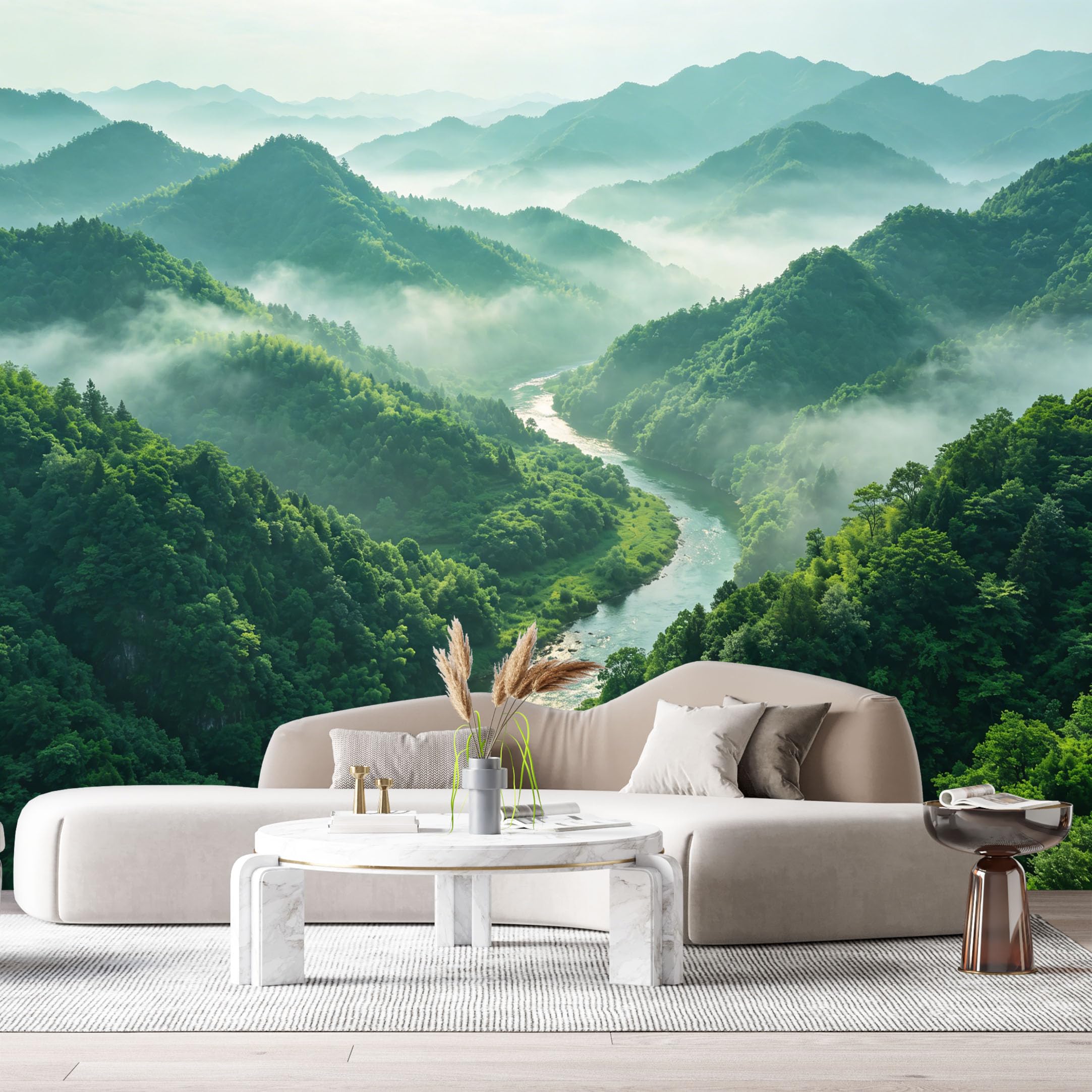 Custom Size Wall Murals Misty Mountain River Landscape Forest Nature Scenery SelfAdhesive Wall Fabric Removable Large Wallpaper for Photo Living Room Decoration