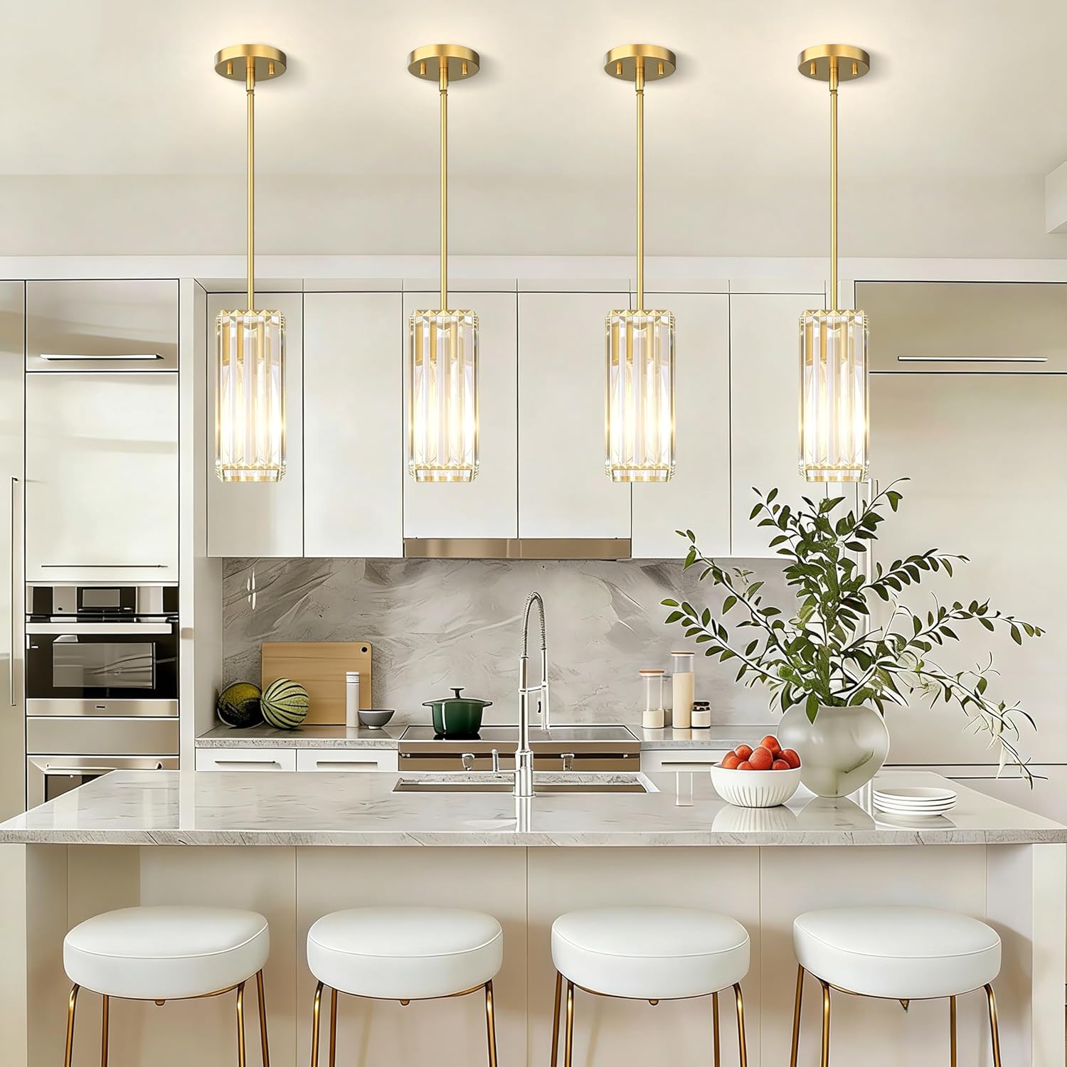 Brushed Gold Pendant Lights Kitchen Island,Modern 10"K9 Crystal Pendant Lighting Fixture,Adjustable Rods Small Hanging Light with Flat or Sloped Ceiling Mount,for Island Dining Room Kitchen Sink 1Pack