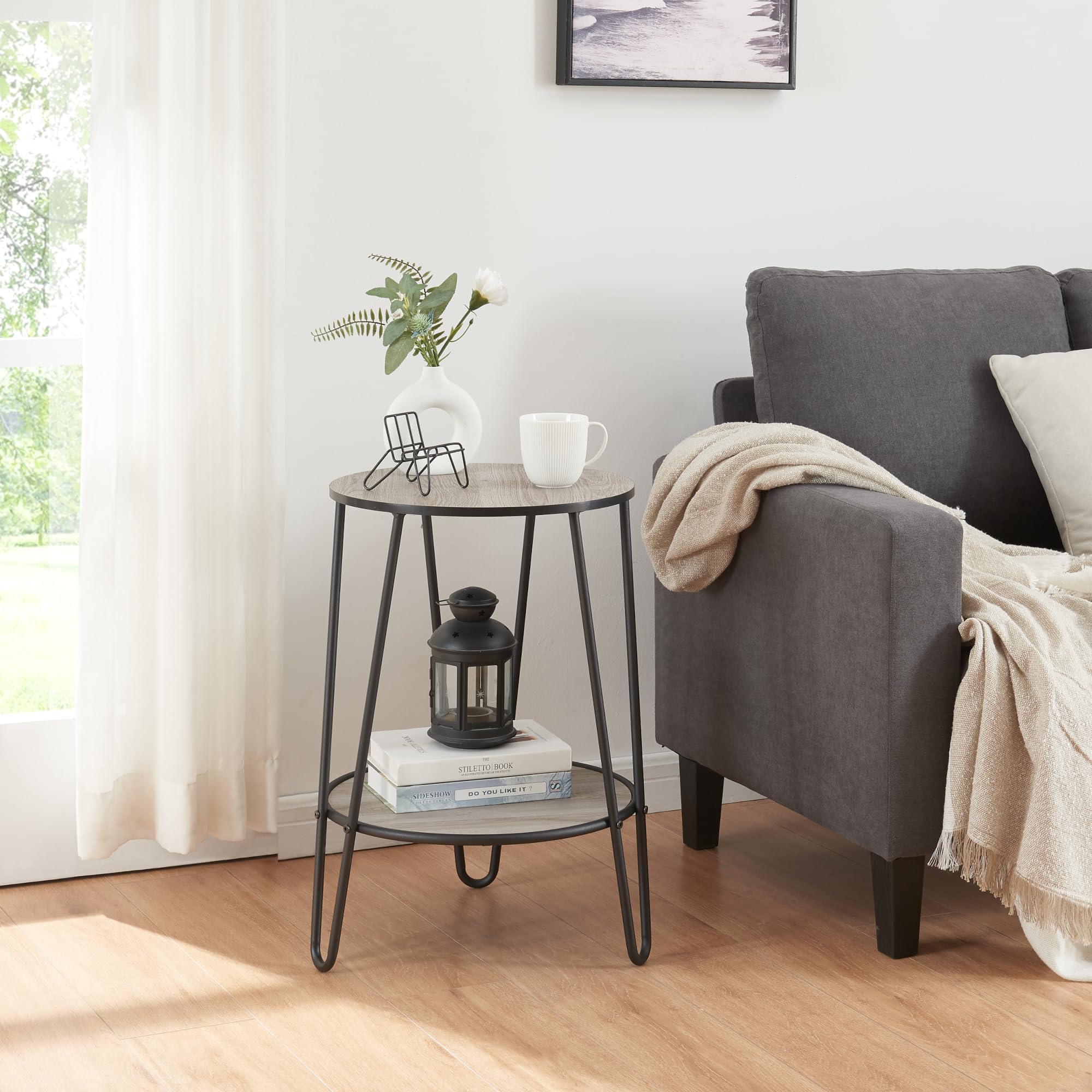 [en.casa] Table d'Appoint avec 1 Étagère Table Basse avec Surface de Rangement Bout de Canapé Table de Chevet Support pour Plantes Métal MDF 61 x 44 x 44 cm Noir Effet Chêne