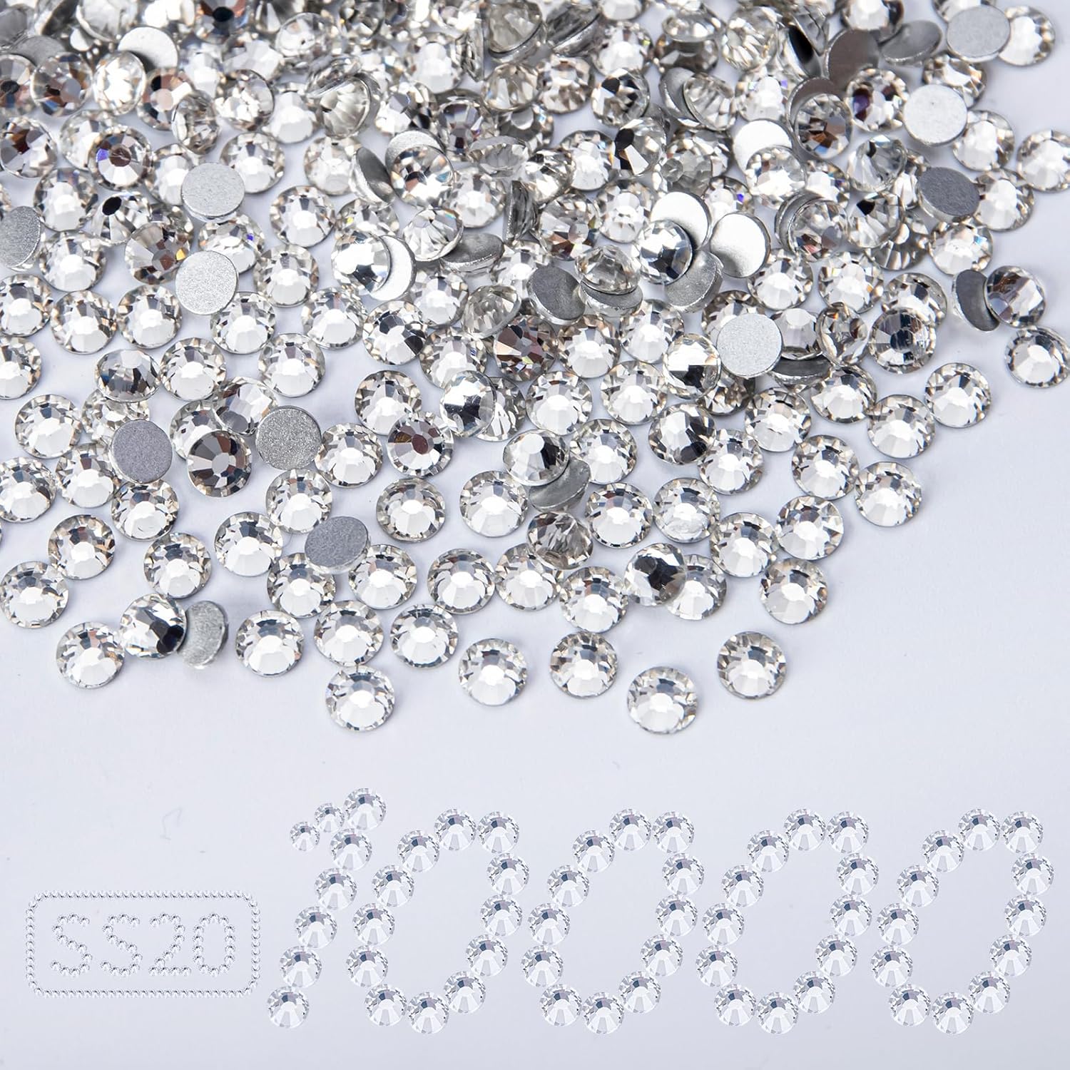 10000PCS Clear Rhinestones Bulk, Flat Back Crystal Glass Stone Round Gems,SS20, 4.6-4.8mm