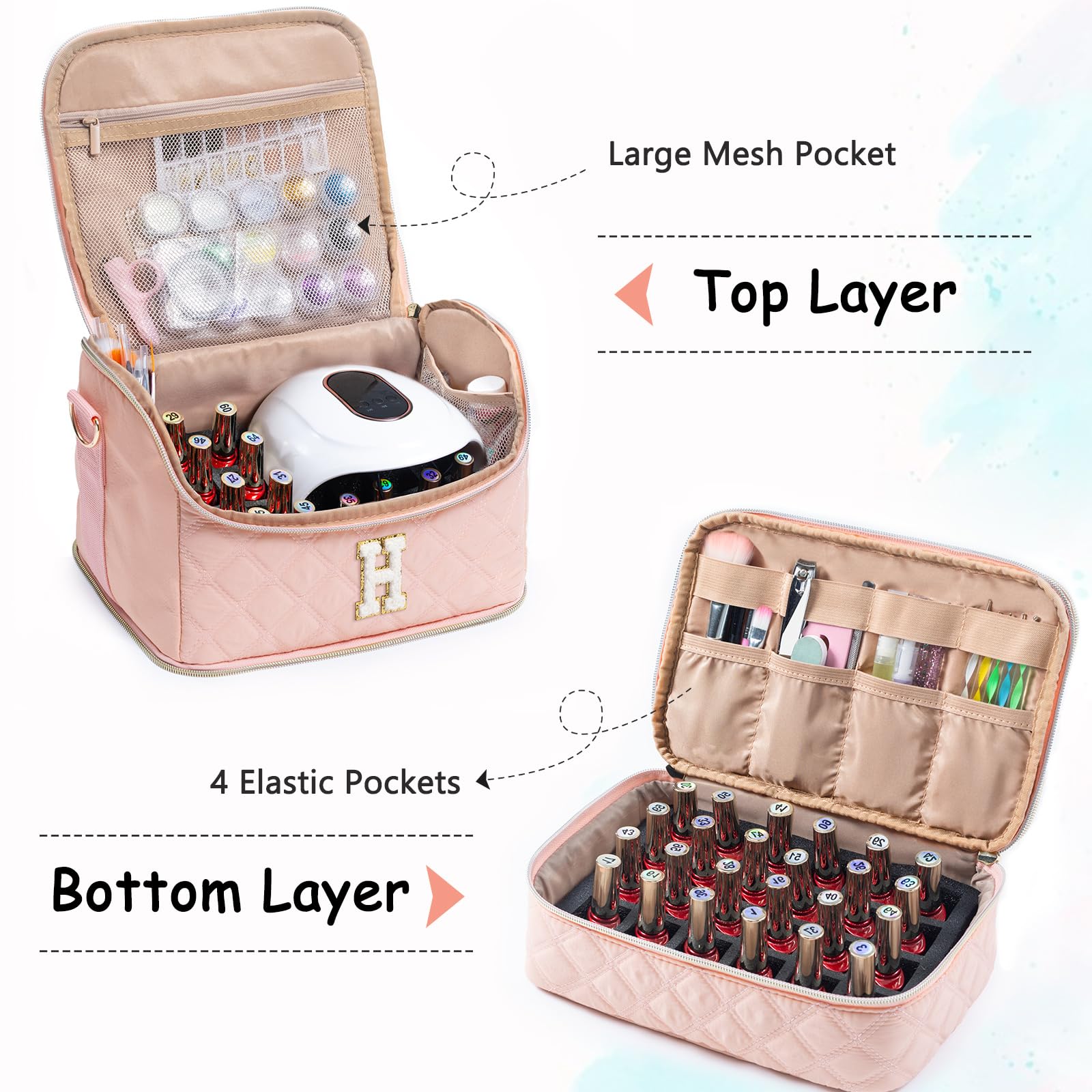 Organizador personalizado de esmalte de uñas con inicial, capacidad para 48 botellas (15 ml), lámpara de uñas y herramientas, bolsa de uñas para organizadores y almacenamiento de uñas, soporte