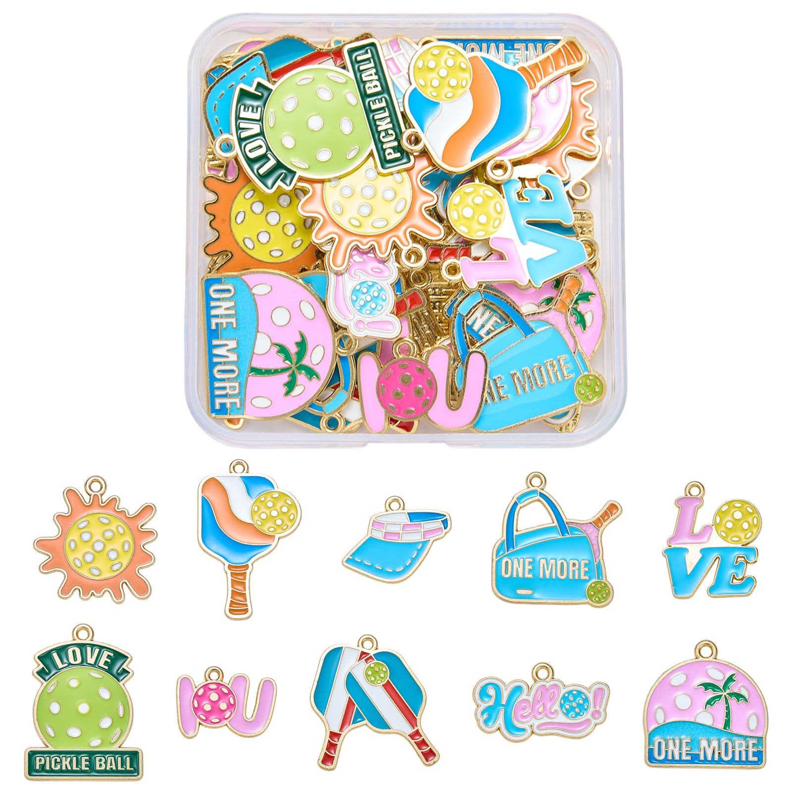 40Pcs 10 Style Pickleball Charms for Keychain Making Bulk Sun Paddle Sports Cap Backpack Charms Alloy Enamel Pendants for jewellery Bracelet Necklace Earring DIY Supplies