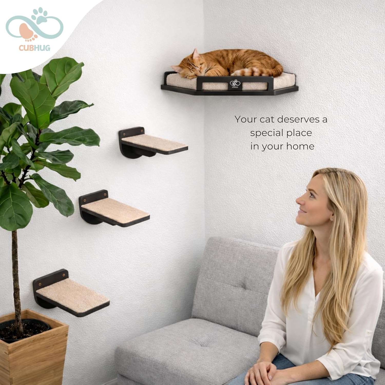 Cat Wall Shelves for Cats & Kitten up to 25 lb – Solid Wood Cozy Corner Bed + Cushion with 2 Washable Covers + 3 Wooden Steps, Safe Haven for Indoor Cats, Cat Shelves for Wall, Black