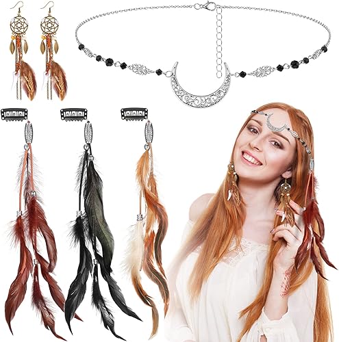 Paquete de 5 pinzas de plumas para el pelo, estilo bohemio, cabeza y luna, cadena de cristal vintage, joyería para la frente, diadema de bruja,