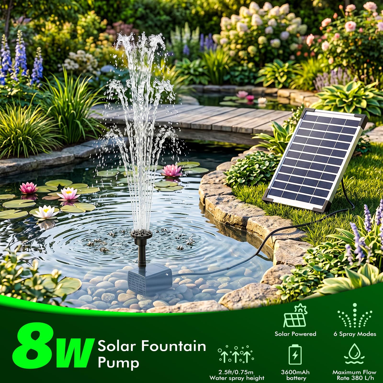 Solar Springbrunnenpumpe 8W mit 3600mAh Akku, Solar Wasserpumpe für Gartenteich Vogelbad, Outdoor Wasserspiel Kit mit 6 Düsen & Trockenlaufschutz, Max Flow 380L/H für DIY Wasserfall Dekor