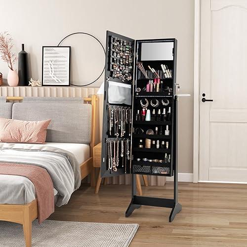 Vista 2 de GOFLAME Armario de joyería, organizador de almacenamiento de joyas independiente con cerradura con espejo sin marco de longitud completa, luces LED