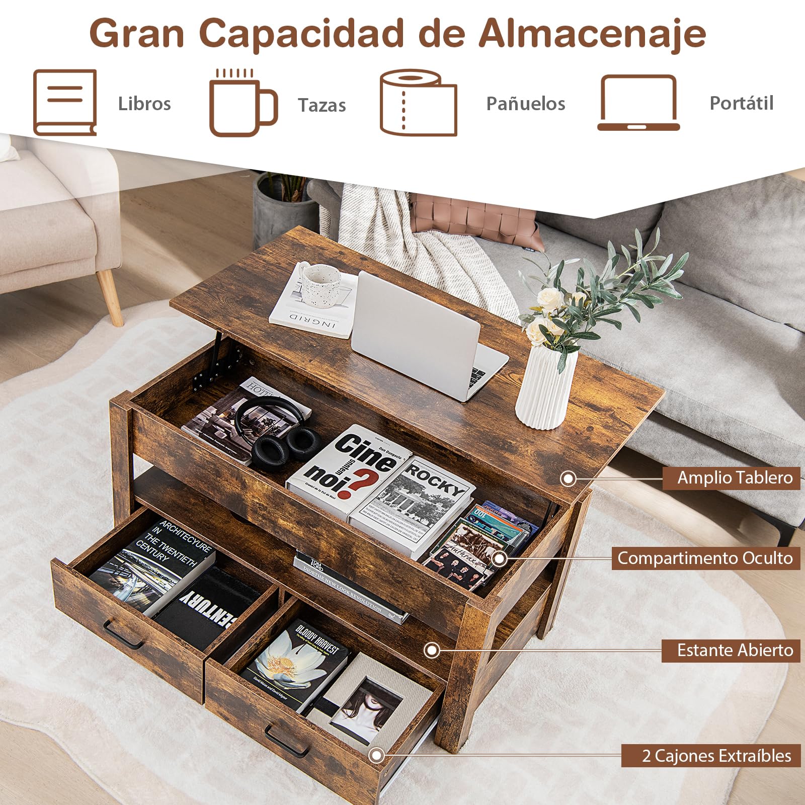 COSTWAY Mesa de Centro con Tablero Elevable, Mesa de Café Industrial con Compartimento, Estante de Almacenamiento y 2 Cajones, Mesita Mueble Salon con Sistema Neumático de Elevación del Tablero