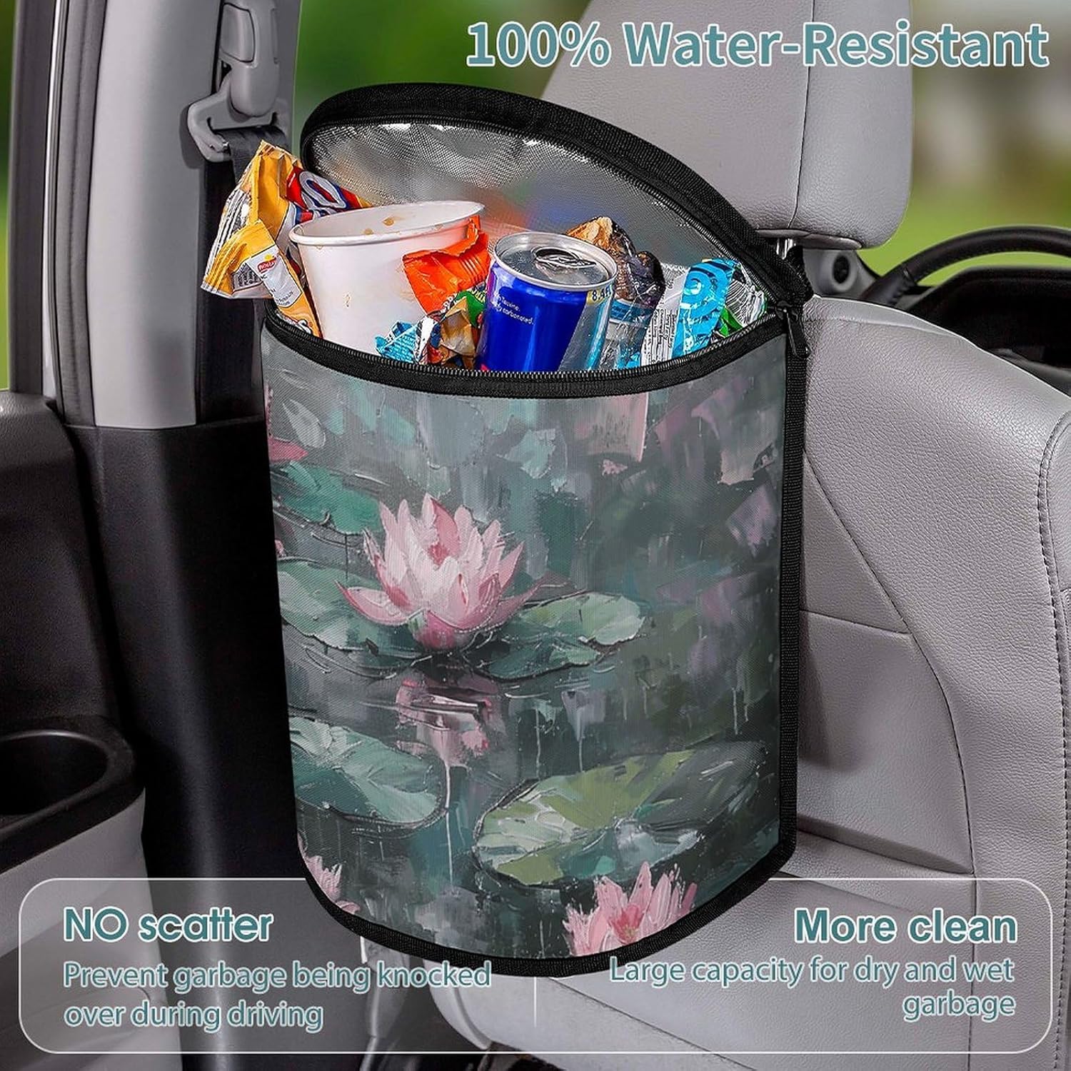 MUSM Leakproof Car Trash Can 2.5 Gallon, Durable Automotive Garbage Bag with Waterproof Liner, Peach Water Lily Painting Trash Bag for Car, Truck, RV & Bathroom
