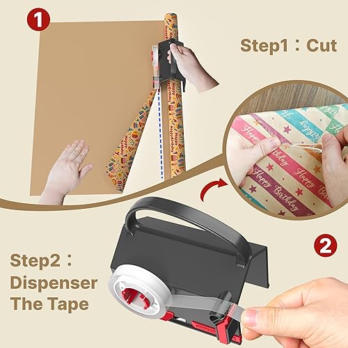 (2-Pack) Wrapping Paper Cutter & Tape Dispenser Dual Use with 4 Tapes，2 Replace Blades Kit for Christmas Gift Wrap Cutter Tool Paper Roll Holder Tube Sliding Slicing for Birthday Holiday.(Black)