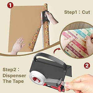 Wraprocut (2-Pack) Wrapping Paper Cutter & Tape Dispenser Dual Use with 4 Tapes2 Replace Blades Kit for Christmas Gift Wrap Cutter Tool Paper Roll Holder Tube Sliding Slicing for Birthday Holiday.