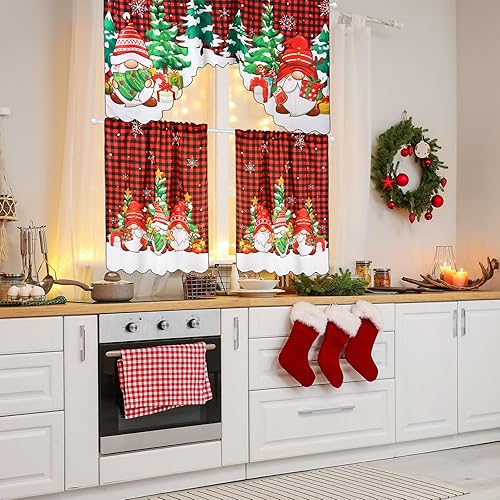 Miniatura 7 de Frienda Juego de 6 cortinas de cocina de Navidad, juego de cortinas de ventana y cenefa, muñeco de nieve, árbol de Navidad, gnomo, búfalo, festón a