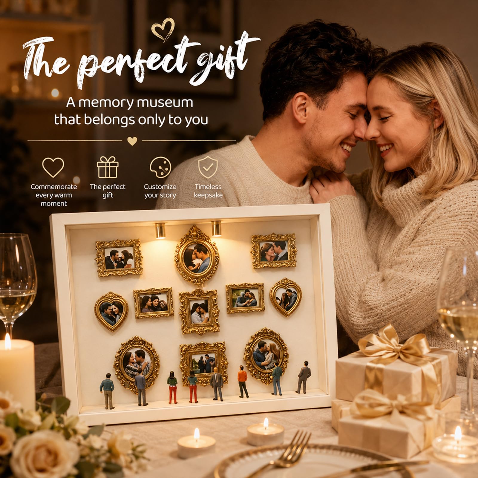 DIY Mini Museum, Micro Museo con 11 Mini Cornici Museo Dorate | Scatola Portaoggetti con Figure in Miniatura, Regalo per San Valentino, Matrimonio e Anniversario