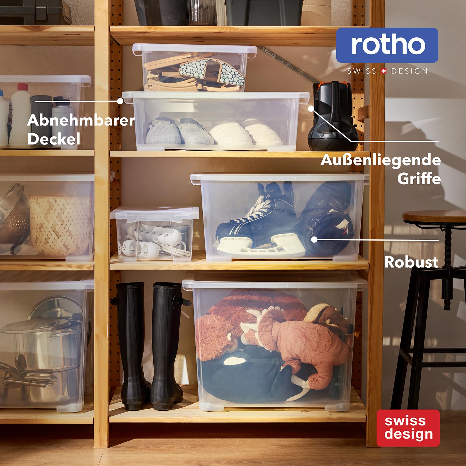 Rotho Core Basic - Set di 4 contenitori con coperchio, 30 l, trasparenti | Scatole impilabili con coperchio, richiudibili, stabili, salvaspazio, facili da pulire, trasparenti