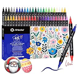 Artecho Acrylic Paint Markers 48 Colors, Acrylic Paint Pens with Brush Tip and Fine Tip for Stone, Rock Painting, Paper, Pumpkin, Wood, Egg, Canvas, Ceramic, Fabric, leather, Glass, DIY Crafts