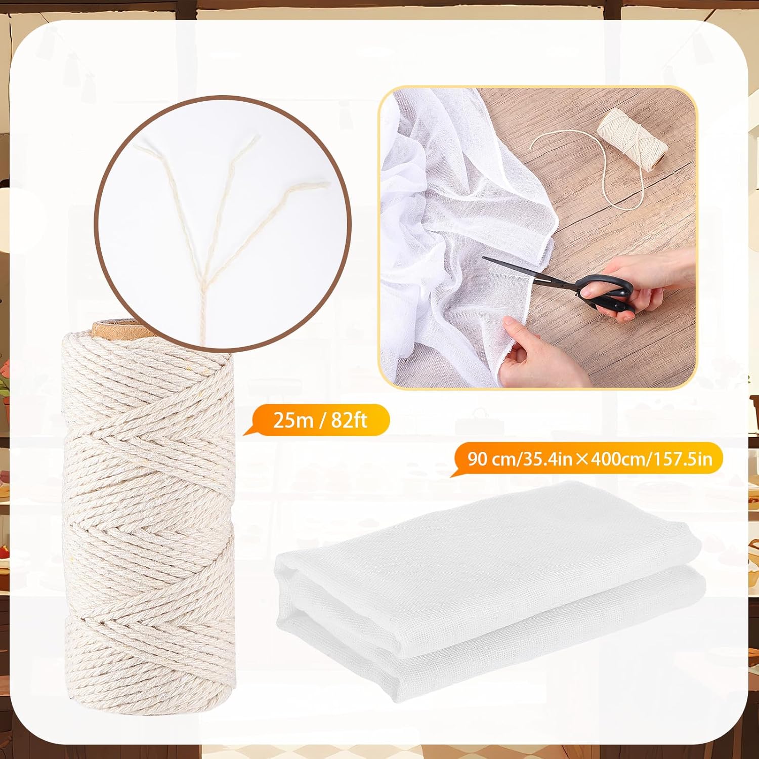 Boao Cheesecloth 35 x 156 Inch, 100 Meters Cooking Twine Reusable Unbleached Cotton Fabric Cheese Cloth with Kitchen Cooking Twine 1/4 Cone Cotton for Meat, Straining, Baking, Filtering