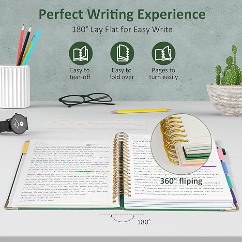 Miniatura 4 de Cuaderno en espiral de tapa dura, cuadernos B5 grandes de 8 x 10 pulgadas con pestañas divisorias extraíbles, 300 páginas de cuero de 5 materias,