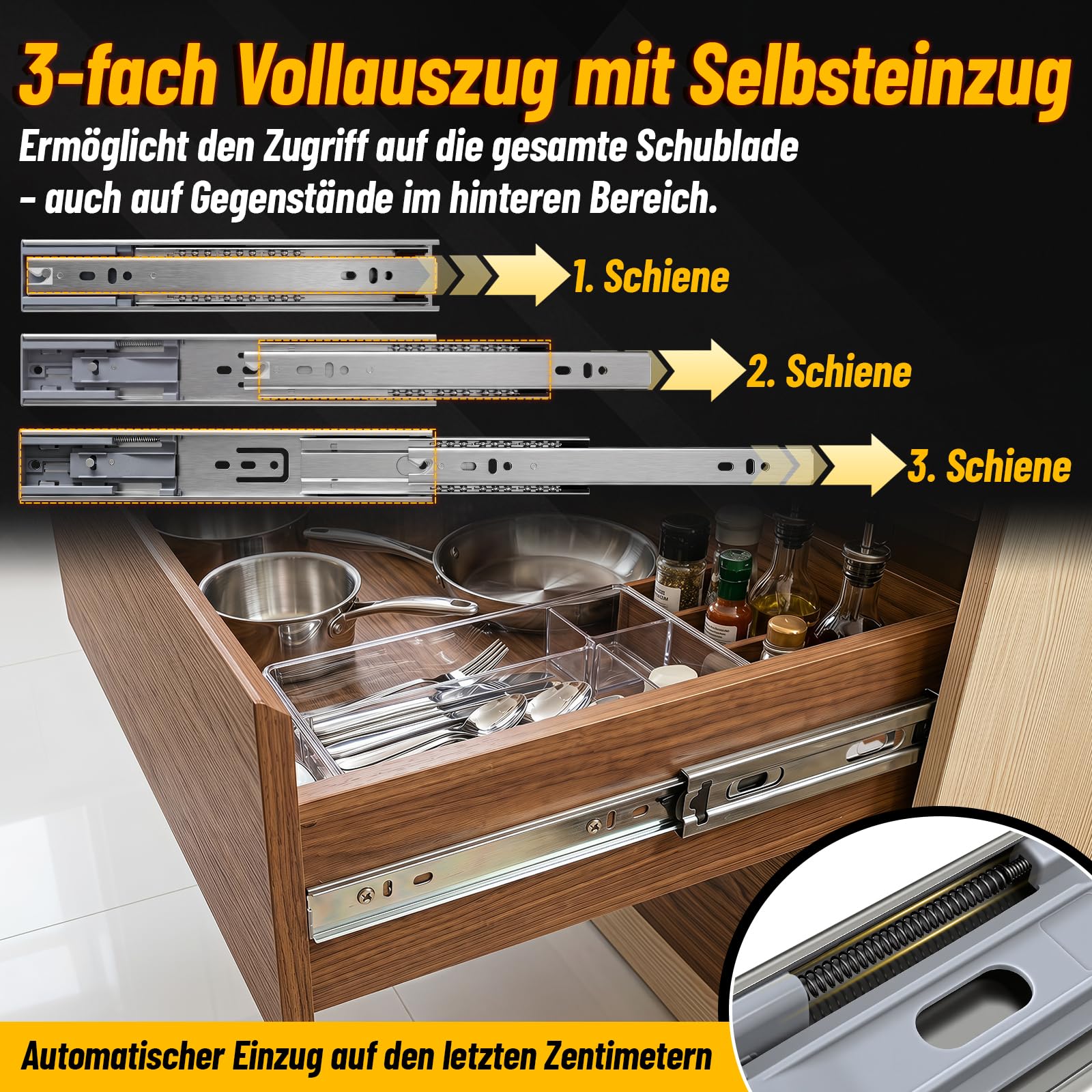 Szyny do szuflad 450 mm z pełnym wysuwem Soft-Close udźwig 45 kg, łatwy montaż do szafek kuchennych, warsztatów i mebli, 4 pary