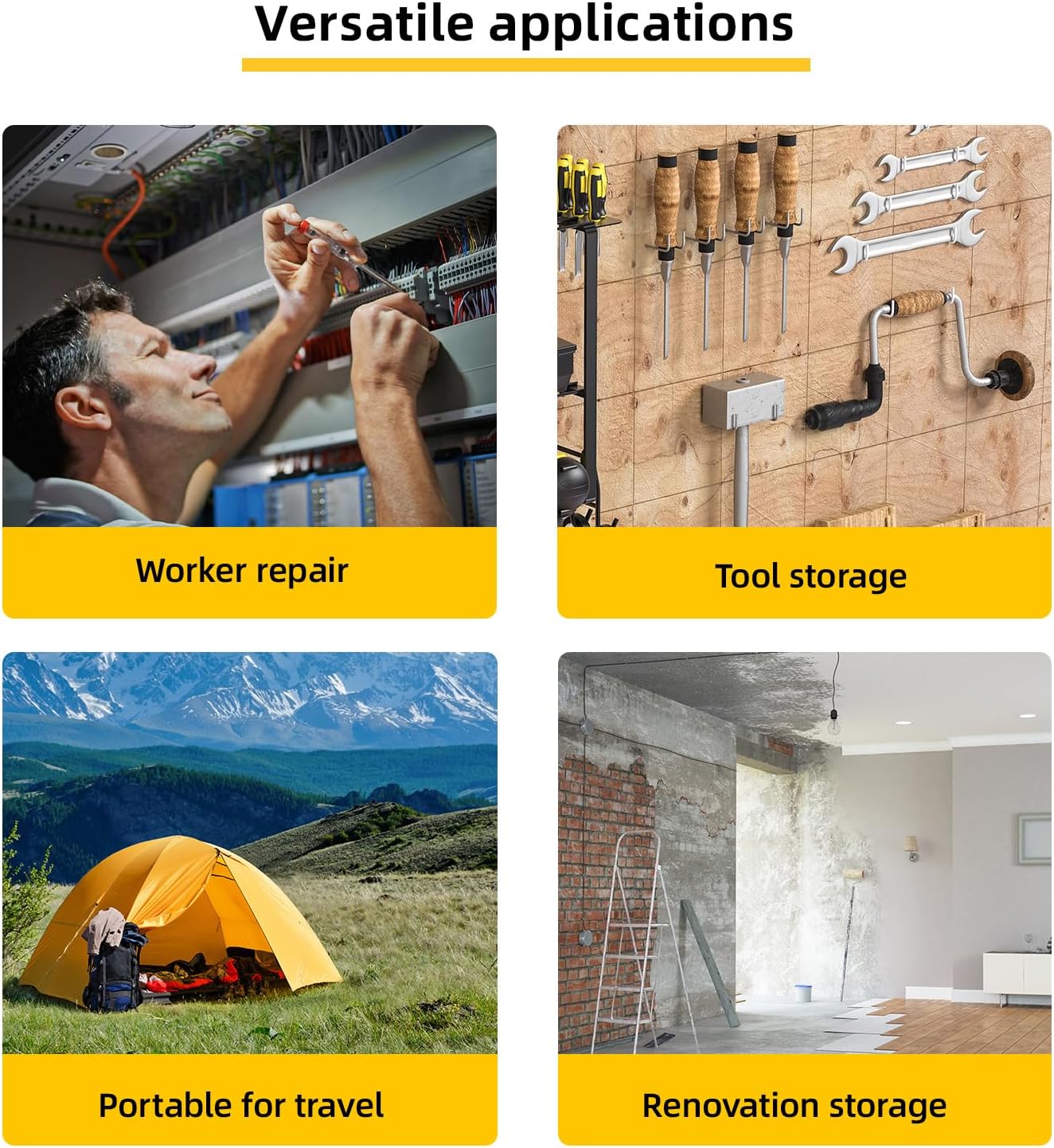Four images showing versatile applications of the deli tool box: worker repair, tool storage, portable for travel, and renovation storage.