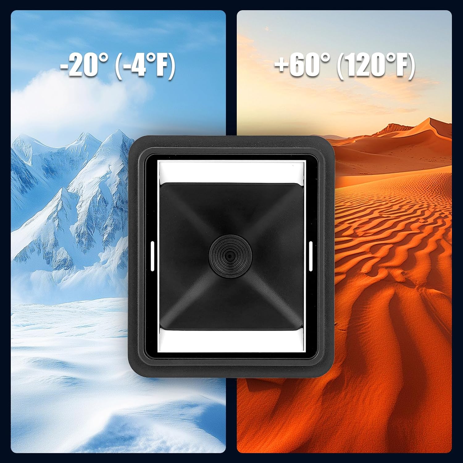 Image depicting the NETUM NT-EM61 barcode scanner module operating reliably in extreme temperatures, from -20°C (-4°F) to +60°C (120°F).