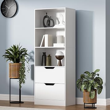 Housoul 63" H Bookshelf with 2 Drawers, Bookcase with Open Shelves, White | 5-Tier Modern Bookshelf with Storage, Modern Display Bookcase with Adjustable Shelf for Living Room Home Office Study