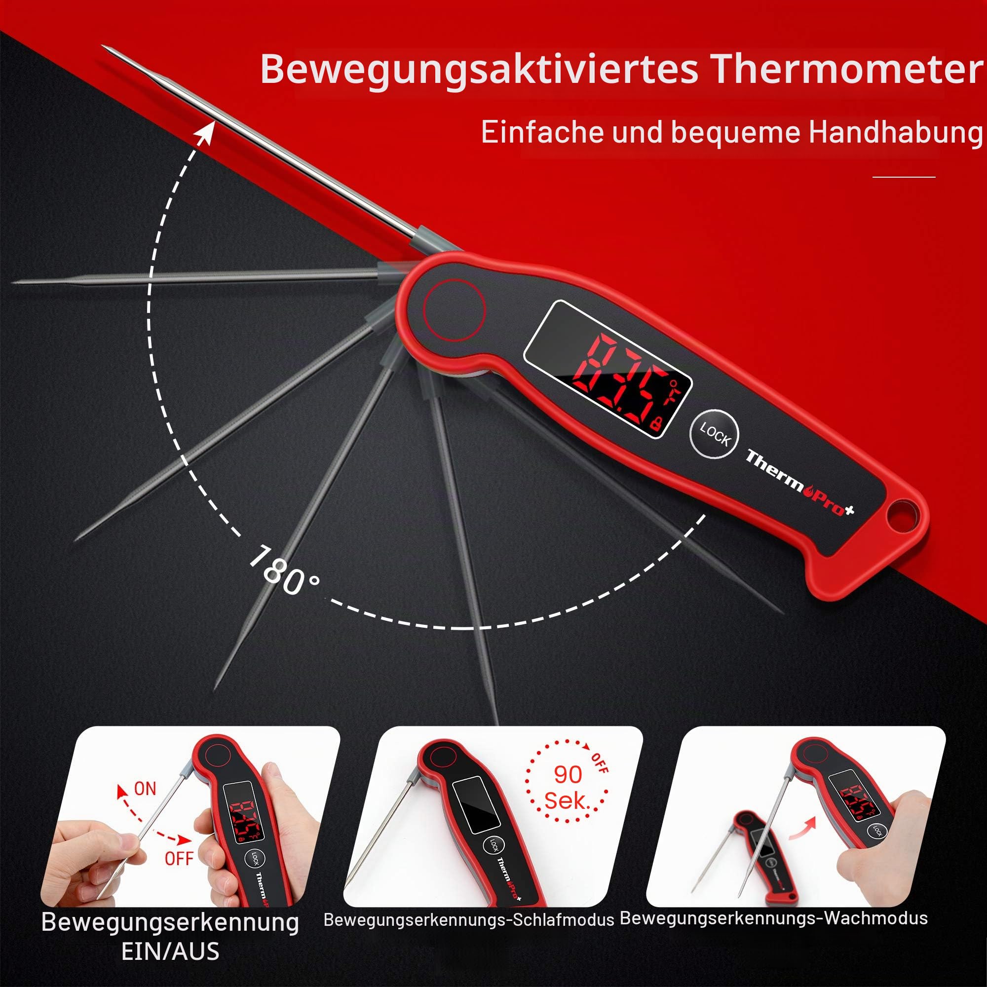 ThermoPro Fleischthermometer IP65 Wasserdicht Grillthermometer 1s Reaktionszeit Küchenthermometer ±0.5℃ Genau Bratenthermometer Einstichthermometer für Braten, Wein, BBQ, LCD