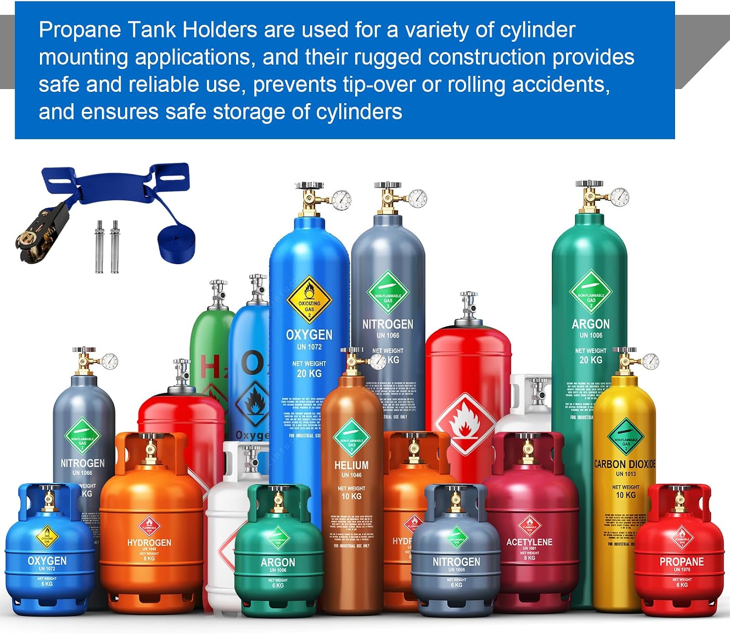 2PCS Propane Tank Holder & Mount， Secure Ratchet Strap Design， Steel Wall-Mounted Bracket for Oxygen, Nitrogen, & Expansion Tanks， for mounting Various Gas cylinders (Blue)