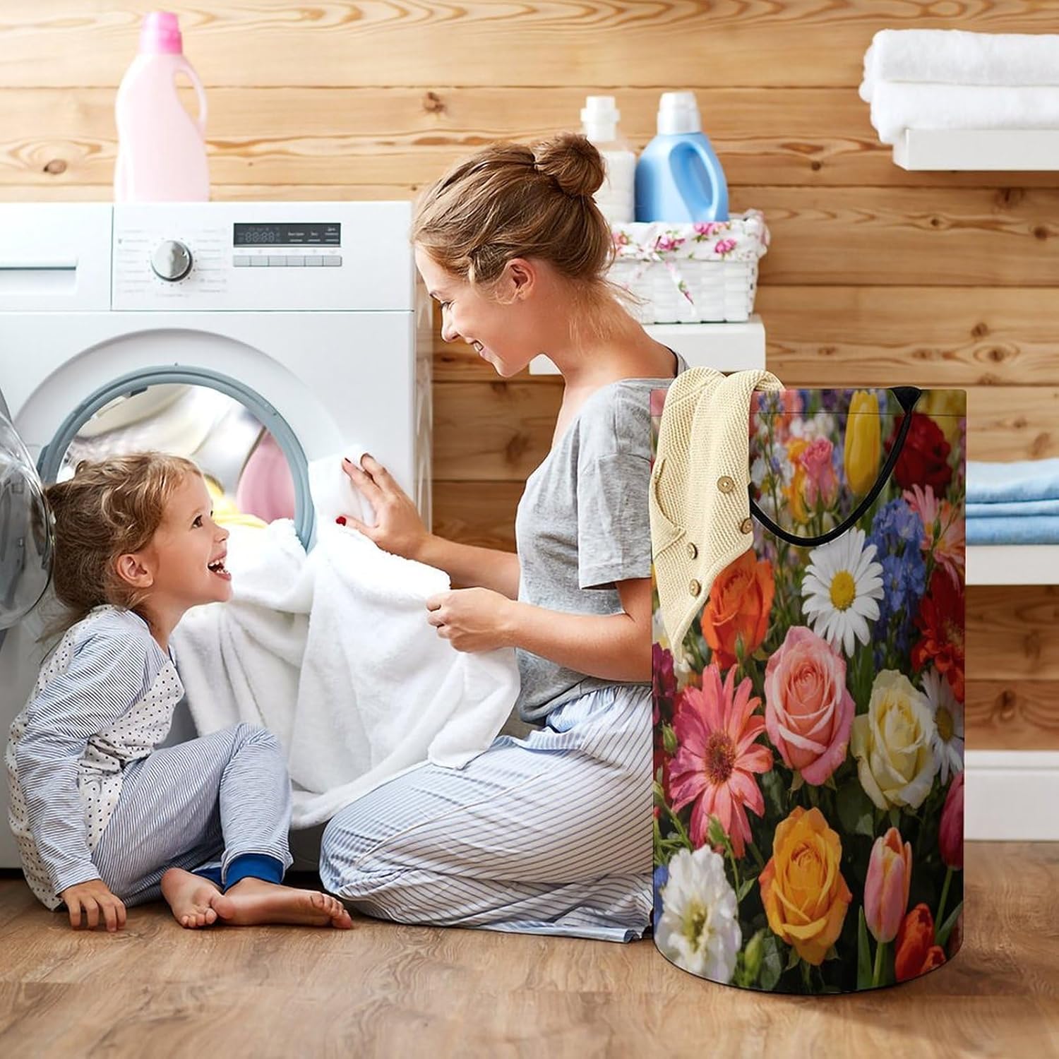 Colorful Fields Laundry Hamper 86L Waterproof Collapsible Clothes Basket with Double Handles Freestanding Foldable Laundry Basket Large Clothes Hamper for Bathroom