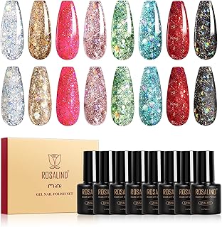 ROSALIND Glitter Sequins Gel Nail Polish, 8 Color Glitter Gel Polish Lightning Sparkle Effect Super Shiny Professional Soak Off UV Gels