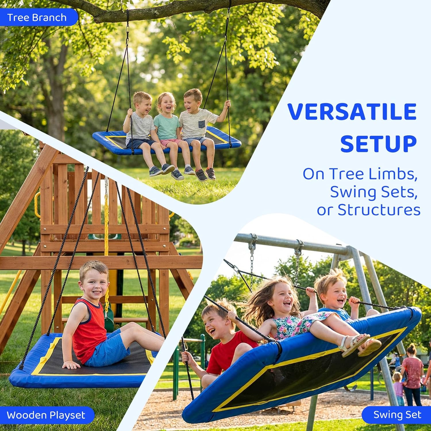 60'' Rectangle Platform Tree Swing for Kids and Adults, Giant Flying Swing with Adjustable Hanging Strap, Waterproof Textilene Fabric Tear & UV Resistant, Swings Set for Backyard Garden (Blue 02)